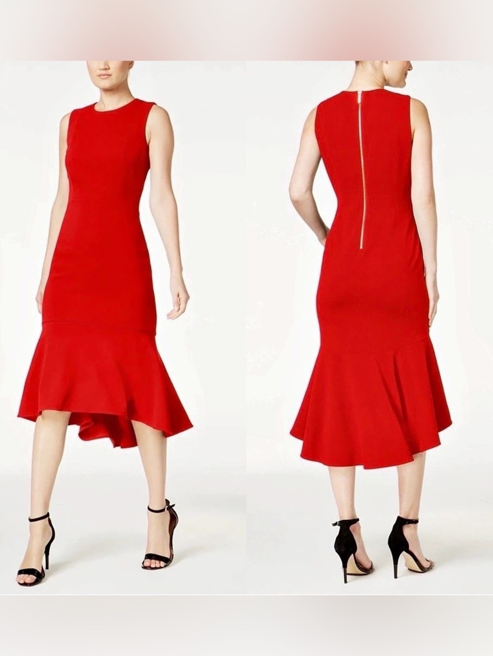 Calvin Klein High-Low Midi Red Scuba Dress Size 12 Like New - wedding guest